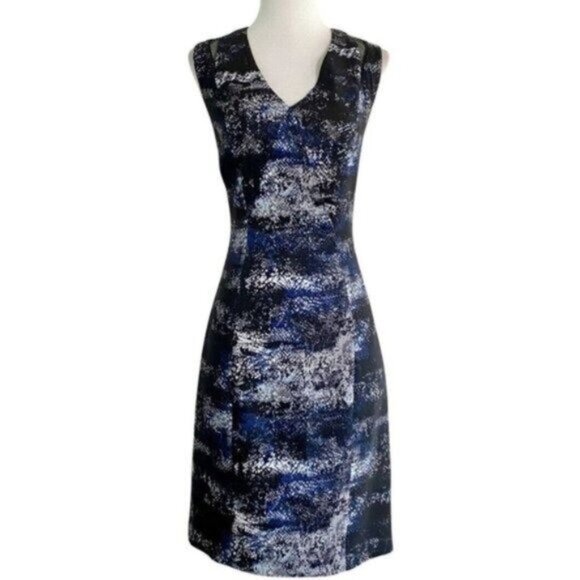 T Tahari Mesh Inset Sleeveless V-Neck Black Pattern A-Line Woven Dress Size 6 - Picture 1 of 8